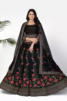 Glamorous Black Zari, Sequins and thread Embroidered net semi stitched lehenga