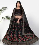 Glamorous Black Zari, Sequins and thread Embroidered net Semi Stitched Lehenga
