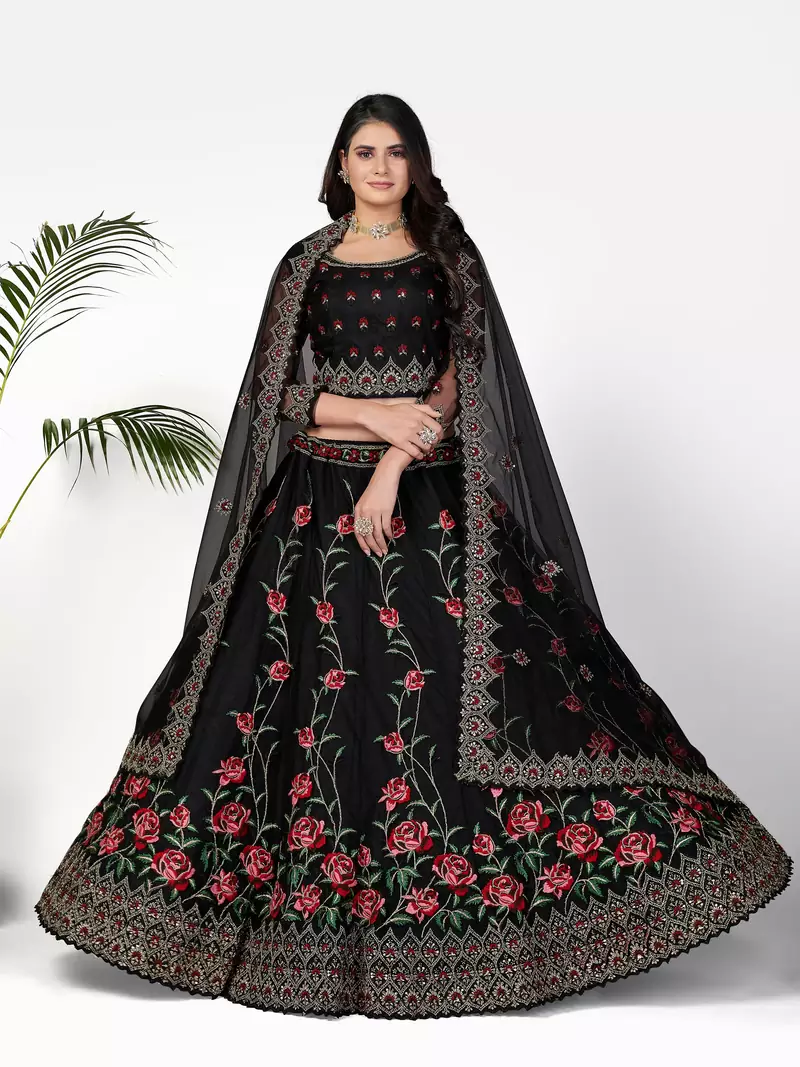 Glamorous Black Zari, Sequins and thread Embroidered net semi stitched lehenga