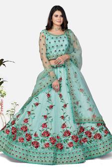 Graceful Sky blue Zari, Sequins and thread Embroidered net semi stitched lehenga