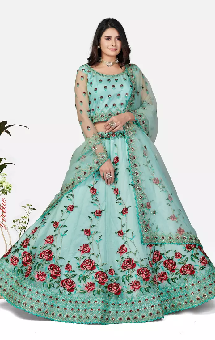 Graceful Sky blue Zari, Sequins and thread Embroidered net semi stitched lehenga