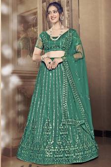 Appealing Light rama green thread and sequins embroidered net semi stitched lehenga