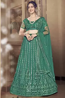 Appealing Light rama green thread and sequins embroidered net semi stitched lehenga