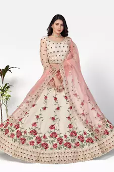 Charming Off white Zari, Sequins and thread Embroidered net semi stitched lehenga