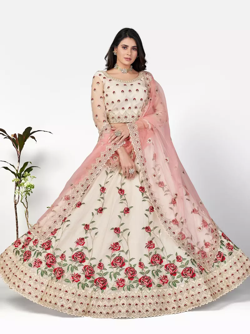 Charming Off white Zari, Sequins and thread Embroidered net semi stitched lehenga