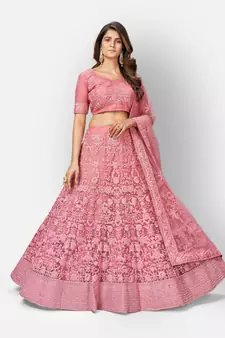Colorful Pink embroidered net semi stitched lehenga