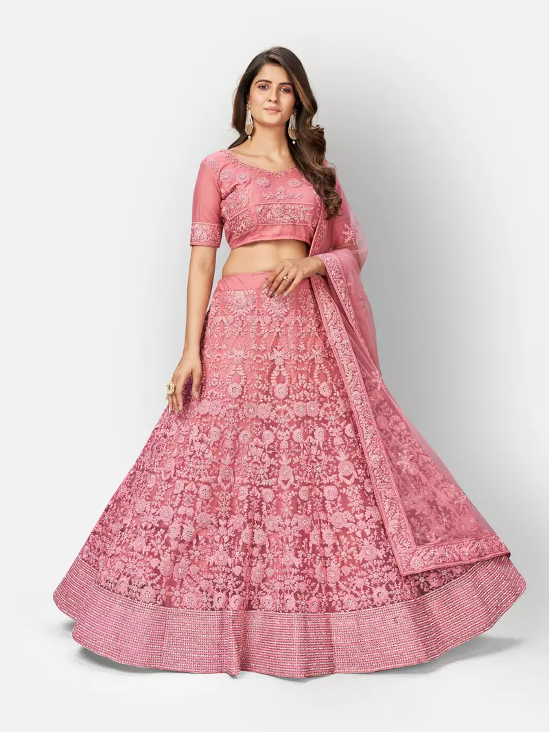 Colorful Pink embroidered net semi stitched lehenga
