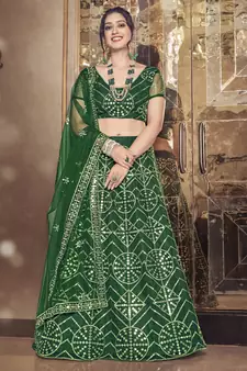 Dazzling Bottel Green thread and sequins embroidered net semi stitched lehenga