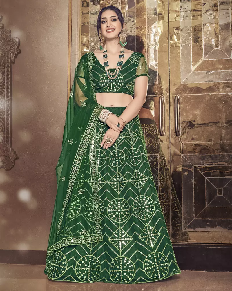 Dazzling Bottel Green thread and sequins embroidered net semi stitched lehenga