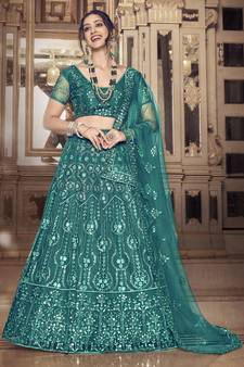 Seductive Dark Rama Green thread and Sequins embroidered net semi stitched lehenga