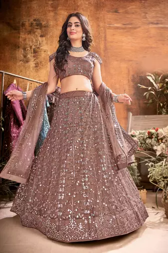 Irresistible Dark-brown thread and sequins embroidered net semi stitched lehenga