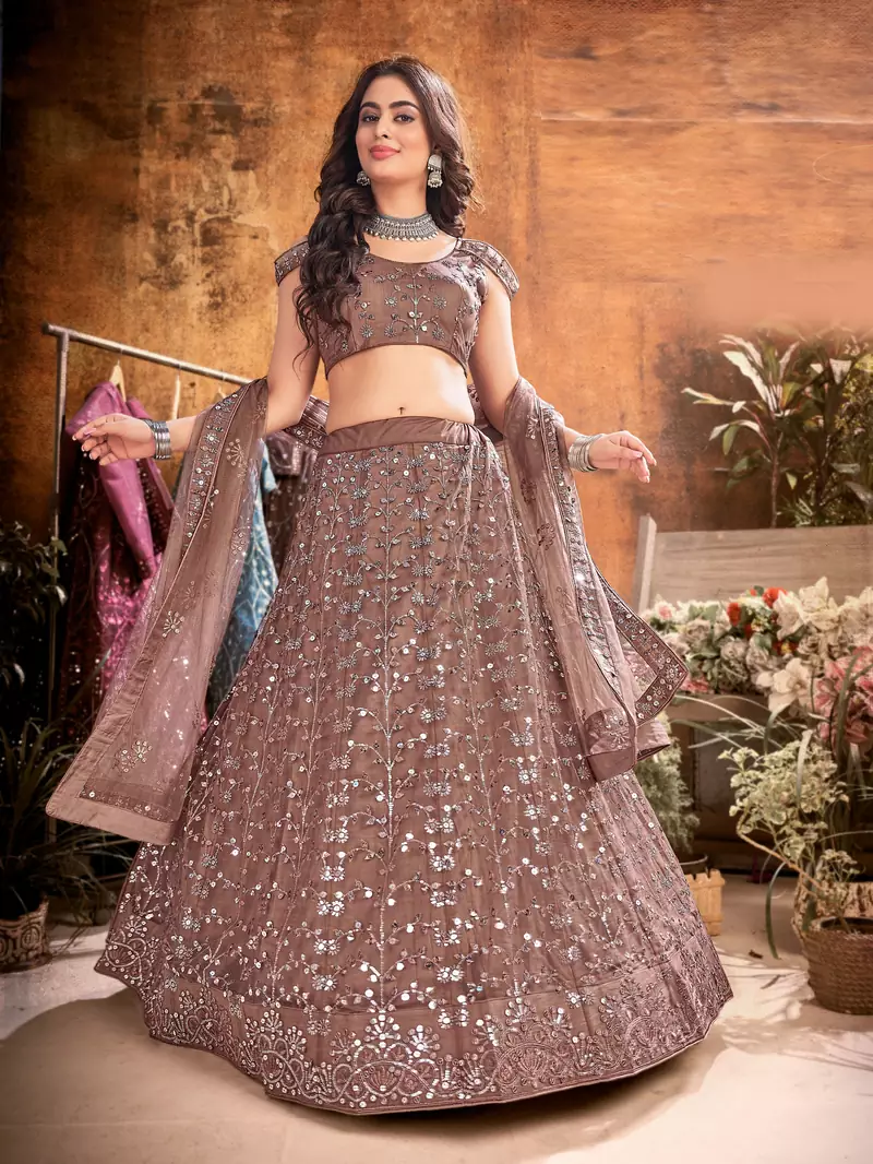 Irresistible Dark-brown thread and sequins embroidered net semi stitched lehenga