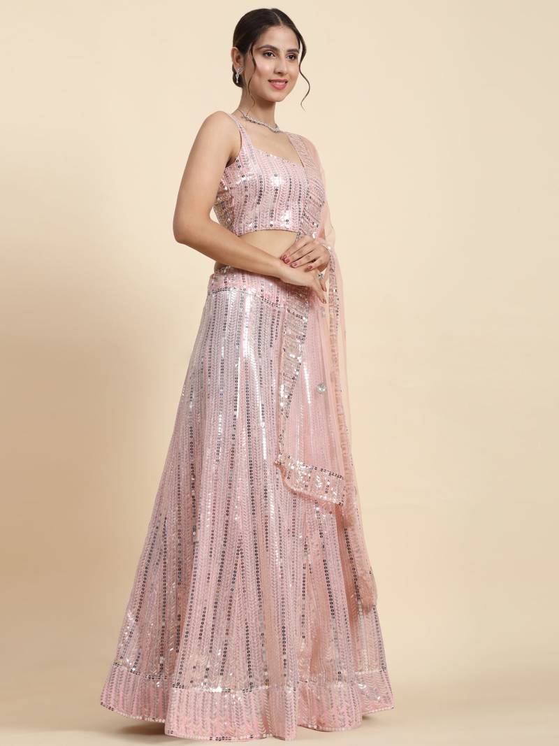 Irresistible Baby Pink thread and sequins embroidered georgette fabric lehenga choli for wedding