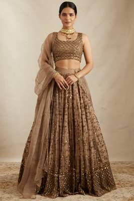Brown Sequin Embroidered Net fabric indian Lehenga choli dress 1