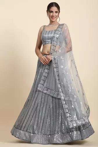 Entrancing Grey thread and sequins embroidered net designer lehenga choli