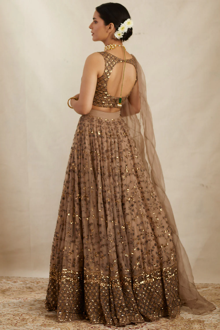 Brown Sequin Embroidered Net fabric indian Lehenga choli dress