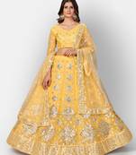 Mesmerizing Mustard Thread embroidered with Foil Mirror Organza Bridal Lehenga choli