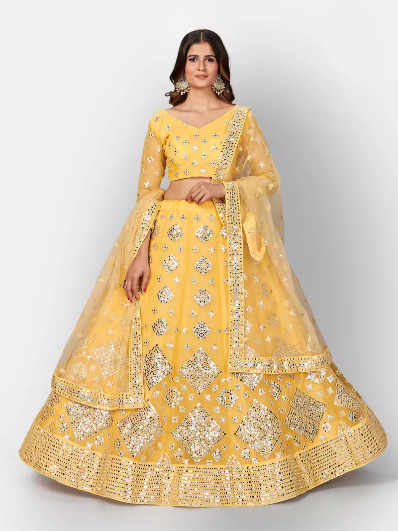 Dreamy Mustard thread embroidered with Foil Mirror Soft Tissue organza semi stitched lehenga