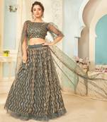 enticing Dark-grey thread embroidery net Semi Stitched Lehenga
