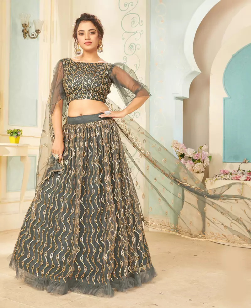 enticing Dark-grey thread embroidery net semi stitched lehenga