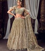 inviting Light-brown sequins, zari and thread embroidered net Semi Stitched Lehenga