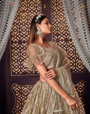 inviting Light-brown sequins, zari and thread embroidered net Semi Stitched Lehenga 2