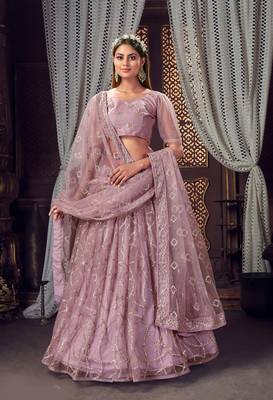 fascinating Light-purple sequins, zari and thread embroidered net Semi Stitched Lehenga 1
