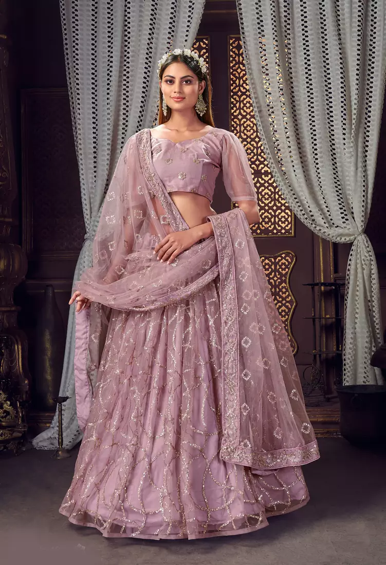 fascinating Light-purple sequins, zari and thread embroidered net semi stitched lehenga