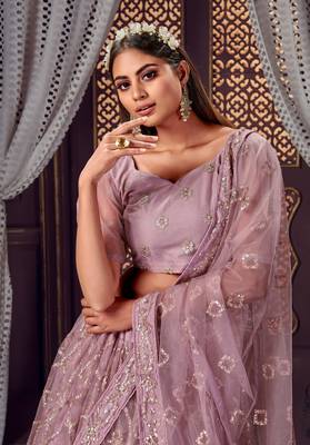 fascinating Light-purple sequins, zari and thread embroidered net Semi Stitched Lehenga 2