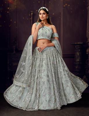 intriguing Light-grey sequins, zari and thread embroidered net Semi Stitched Lehenga 1