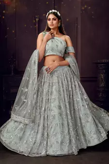 intriguing Light-grey sequins, zari and thread embroidered net semi stitched lehenga