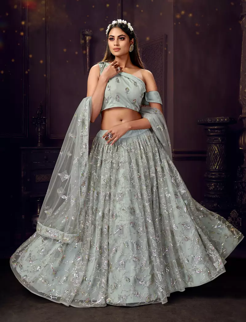 intriguing Light-grey sequins, zari and thread embroidered net semi stitched lehenga