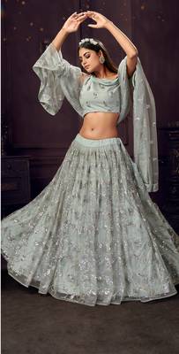 intriguing Light-grey sequins, zari and thread embroidered net Semi Stitched Lehenga 3