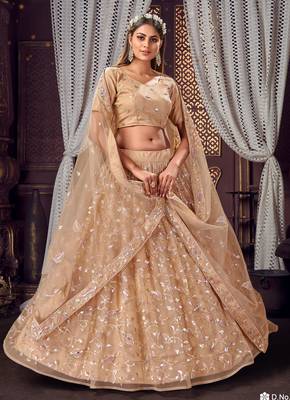 appetizing Beige sequins, zari and thread embroidered net Semi Stitched Lehenga 1