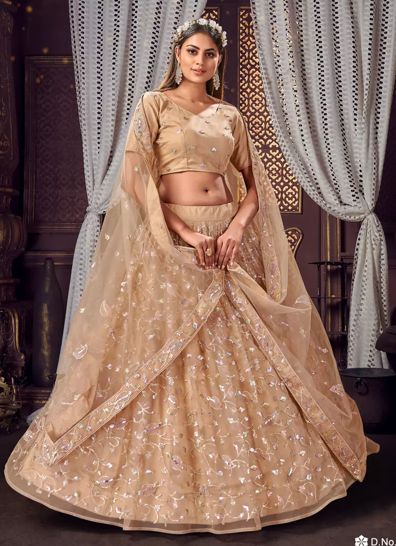 appetizing Beige sequins, zari and thread embroidered net semi stitched lehenga