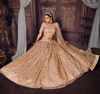 appetizing Beige sequins, zari and thread embroidered net Semi Stitched Lehenga 2
