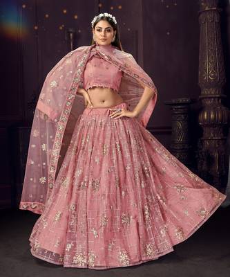 provocative Pink sequins, zari and thread embroidered net Semi Stitched Lehenga 1
