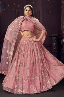 provocative Pink sequins, zari and thread embroidered net semi stitched lehenga