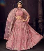 provocative Pink sequins, zari and thread embroidered net Semi Stitched Lehenga