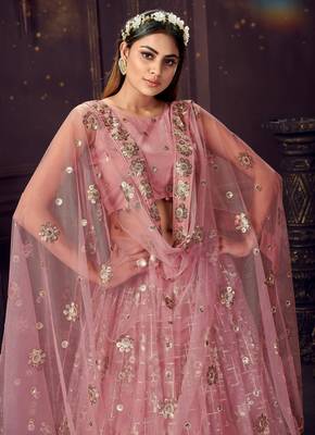 provocative Pink sequins, zari and thread embroidered net Semi Stitched Lehenga 2