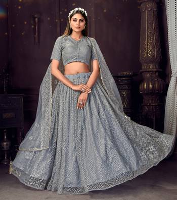 winning Grey sequins, zari and thread embroidered net Semi Stitched Lehenga 1