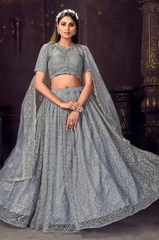 winning Grey sequins, zari and thread embroidered net semi stitched lehenga