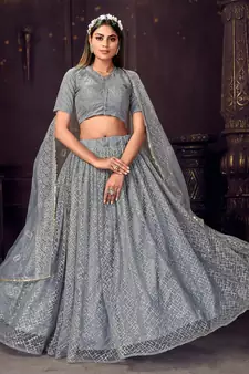winning Grey sequins, zari and thread embroidered net semi stitched lehenga