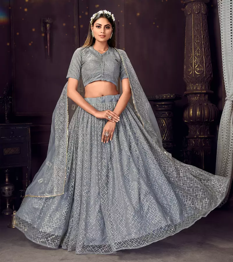 winning Grey sequins, zari and thread embroidered net semi stitched lehenga