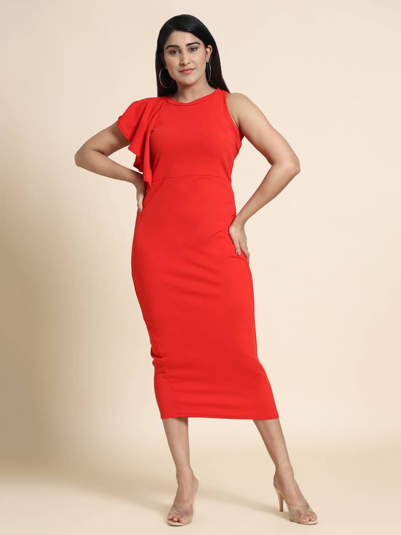 Red POLYESTER solid bodycon dress
