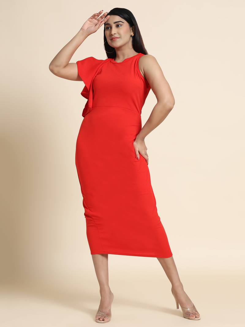 Red POLYESTER solid bodycon dress