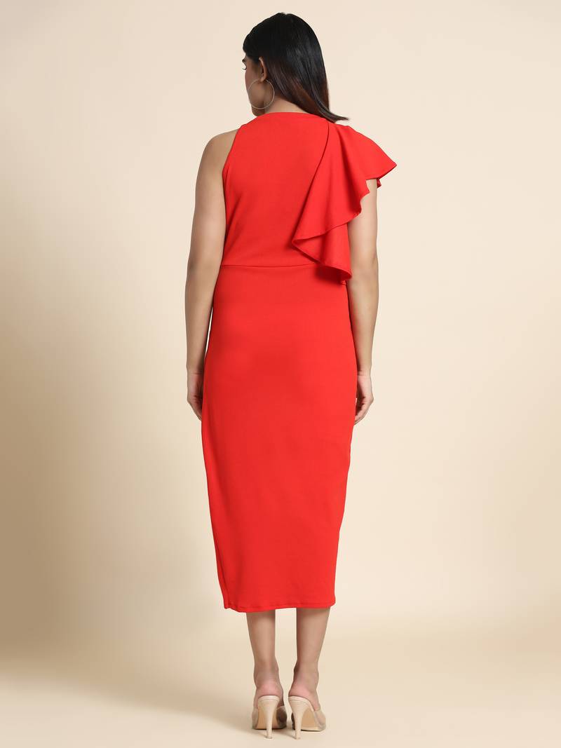 Red POLYESTER solid bodycon dress