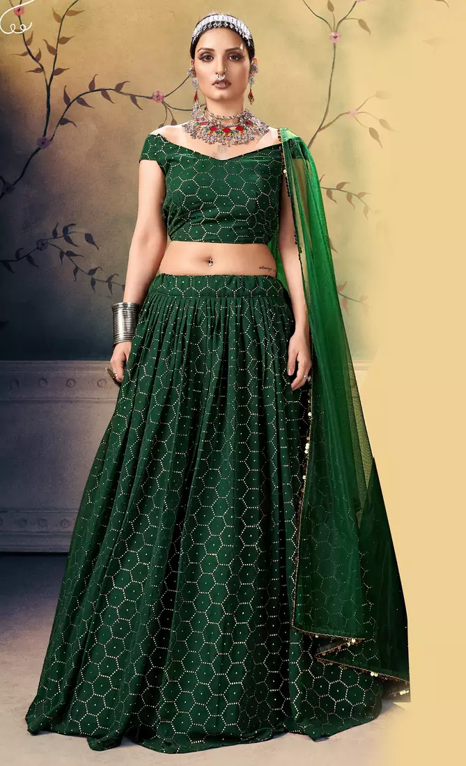 Sea Green Crush Work Georgette Lehenga Choli with  Net Dupatta