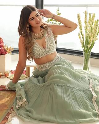 Sea Green Crush Work Georgette Lehenga Choli with Net Dupatta 3