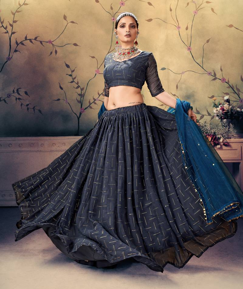 pleasant Blue Mukesh work georgette Semi Stitched Lehenga